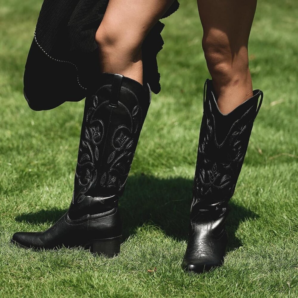 Women's Black 1 Pointy Toe Faux Leather Western Cowgirl Mid Calf Boots - Picture 2 of 6
